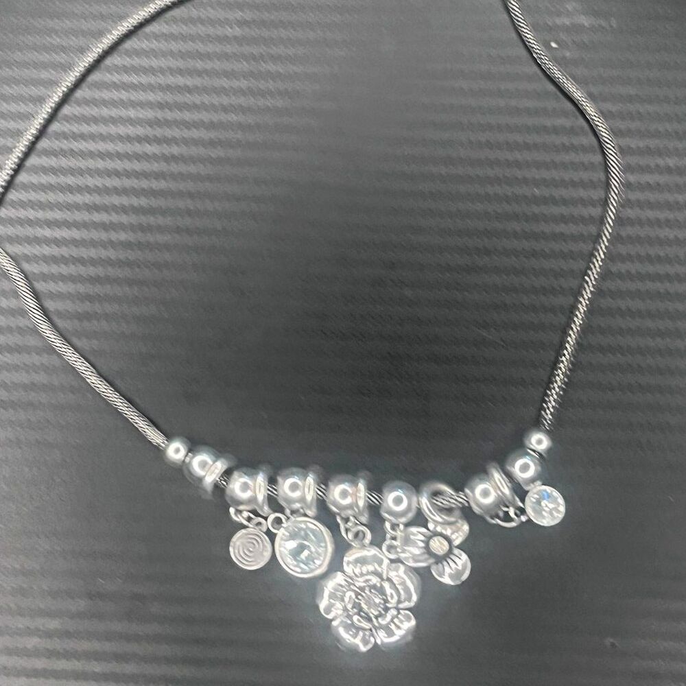 Silver Tone Floral Charm Cluster Necklace